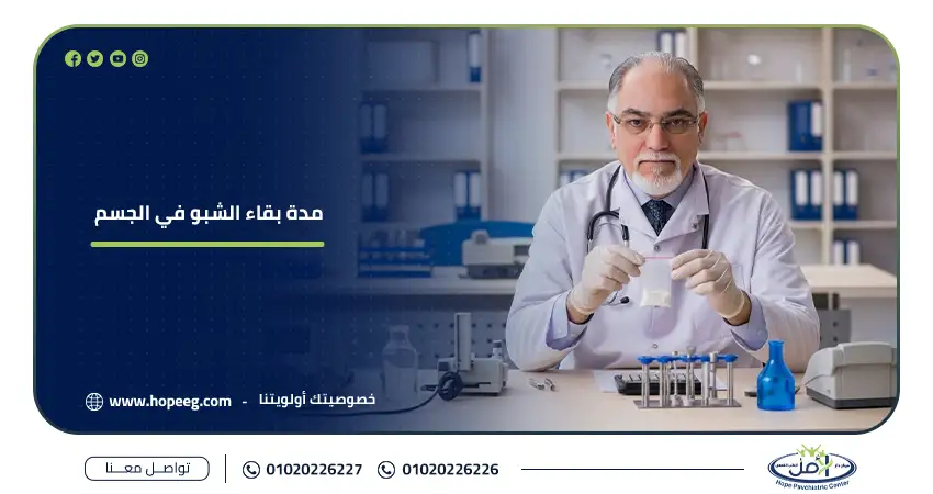 صورة لطبيب يرتدي معطفًا أبيض ونظارة طبية يجلس في معمل تحاليل وهو يمسك عبوة فحص بول فوق منضدة عليها أنابيب وأجهزة معملية، وبجانبه نص عربي مكتوب عليه "مدة بقاء الشبو في الجسم" مع شعار مستشفى الأمل وعناوين الاتصال بالمركز لعلاج الإدمان.